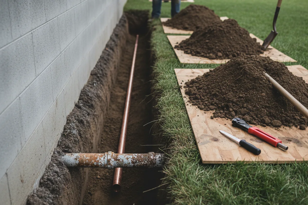 Excavated water line trench during Water Softener Installation in Englewood